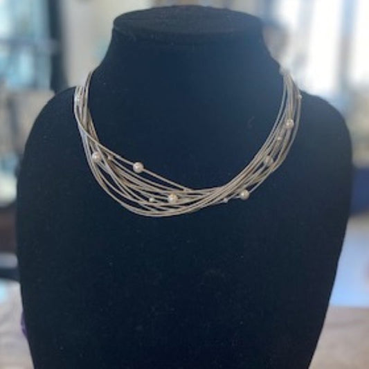 Silver Piano Wire Necklace with White Freshwater Pearls