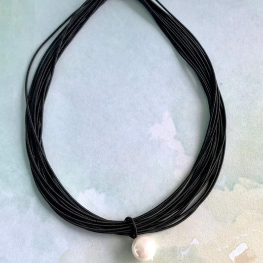 Black Piano Wire Necklace with Single White Pearl