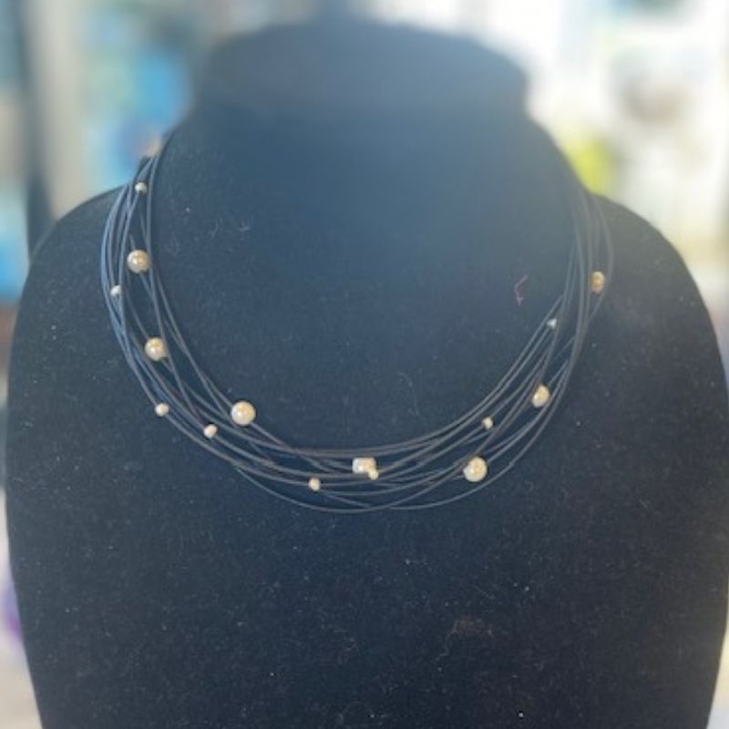 Black Piano Wire Necklace with White Freshwater Pearls