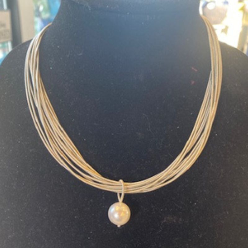 Silver Piano Wire Necklace with Single White Pearl
