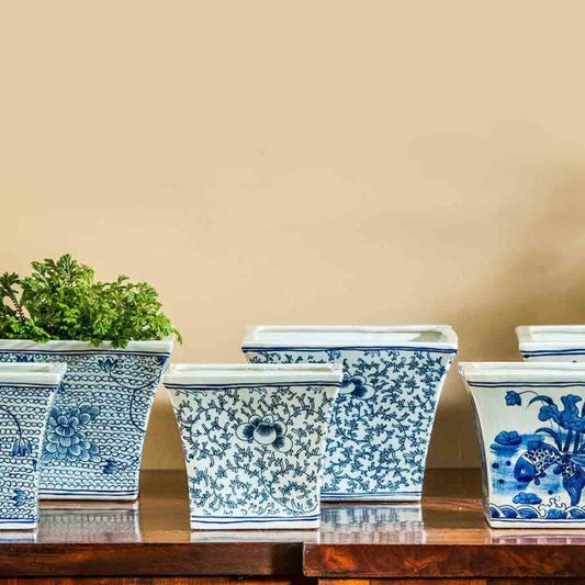 Square Flared Planter - Blue and White Mix