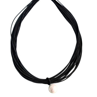 compare product Black Piano Wire Necklace with Single White Pearl