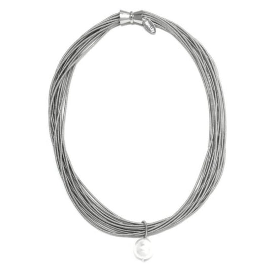 Silver Piano Wire Necklace with Single White Pearl