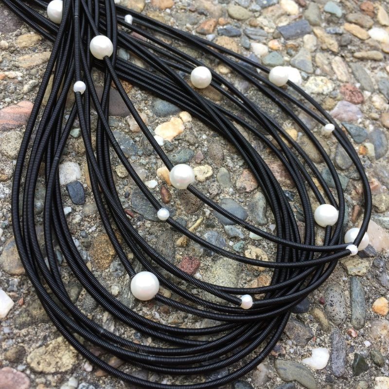 Black Piano Wire Necklace with White Freshwater Pearls