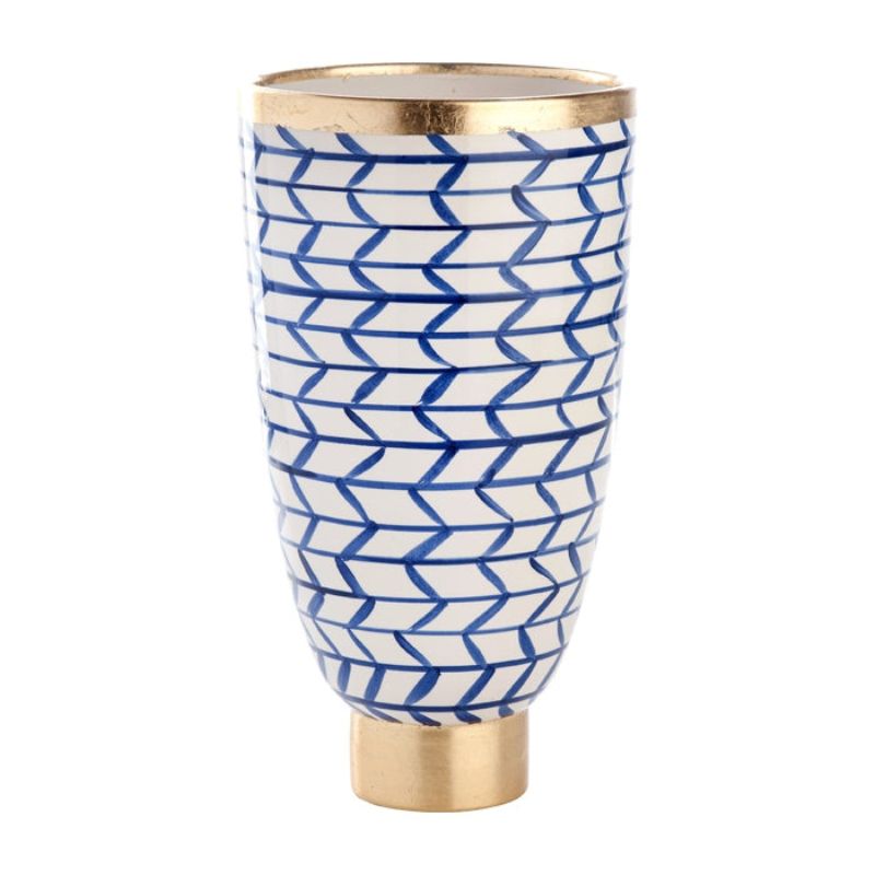 Contempo Geometric Italian Ceramic Vase - Blue White Gold Trim