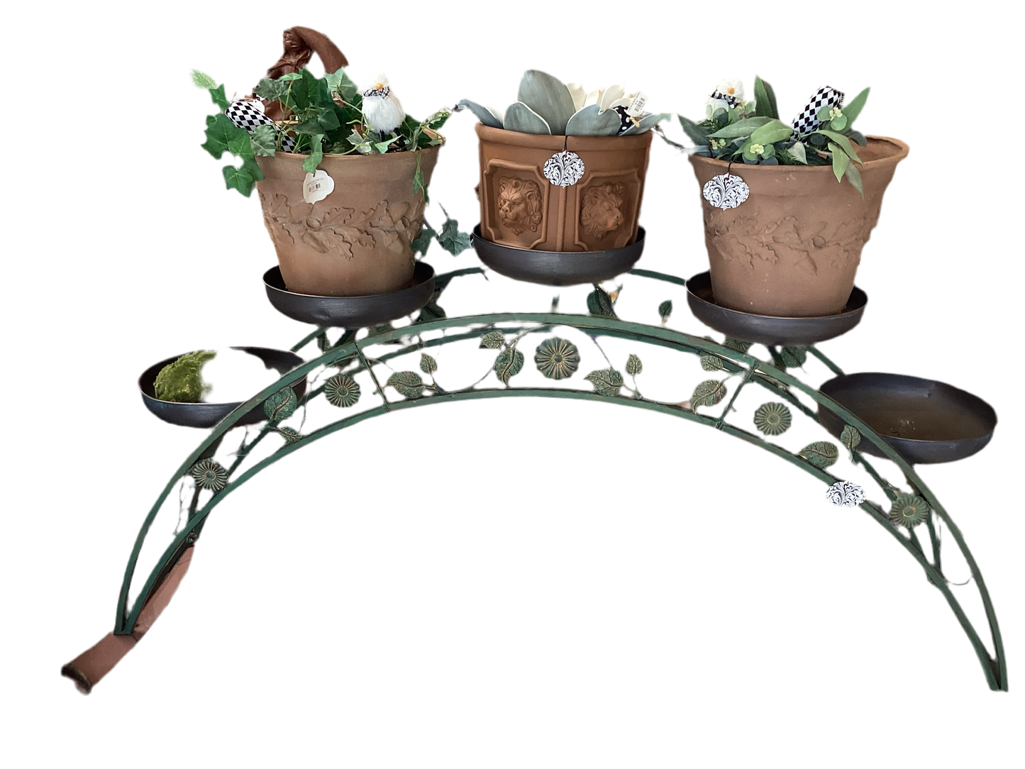 6FT LONG BRIDGE IRON PLANT STAND W/PLANTERS ANTIQUE GREEN