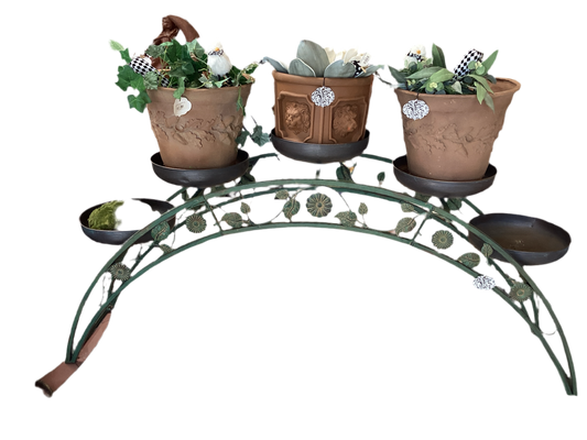 6FT LONG BRIDGE IRON PLANT STAND W/PLANTERS ANTIQUE GREEN