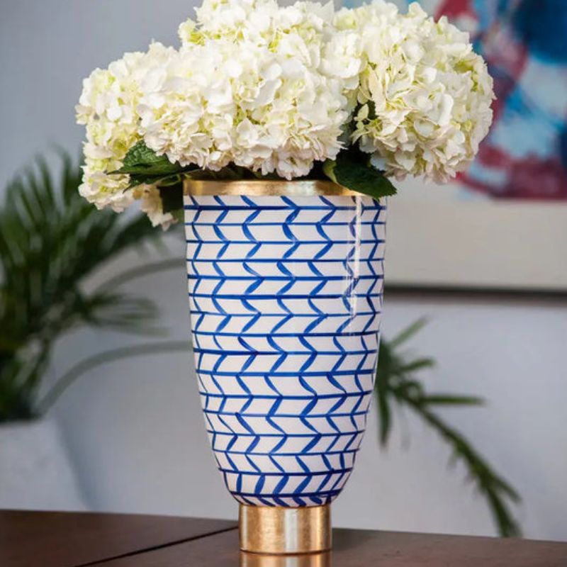 Contempo Geometric Italian Ceramic Vase - Blue White Gold Trim