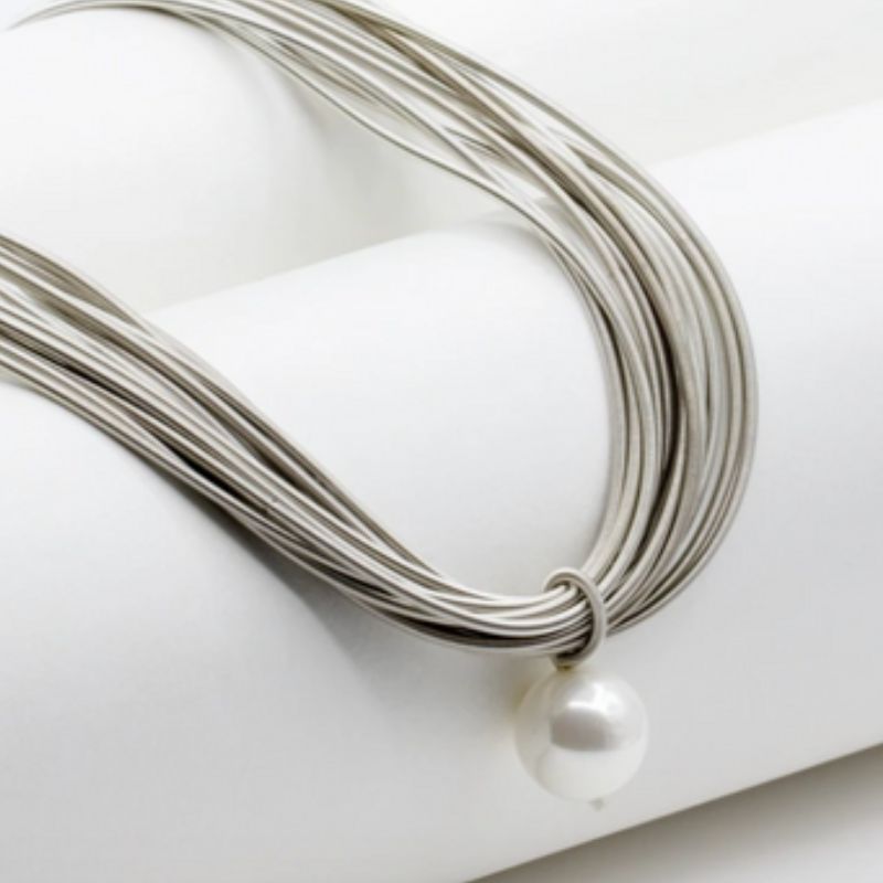 Silver Piano Wire Necklace with Single White Pearl