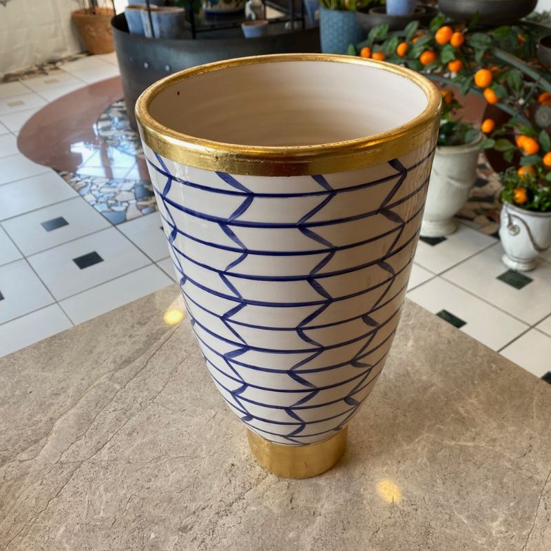 Contempo Geometric Italian Ceramic Vase - Blue White Gold Trim