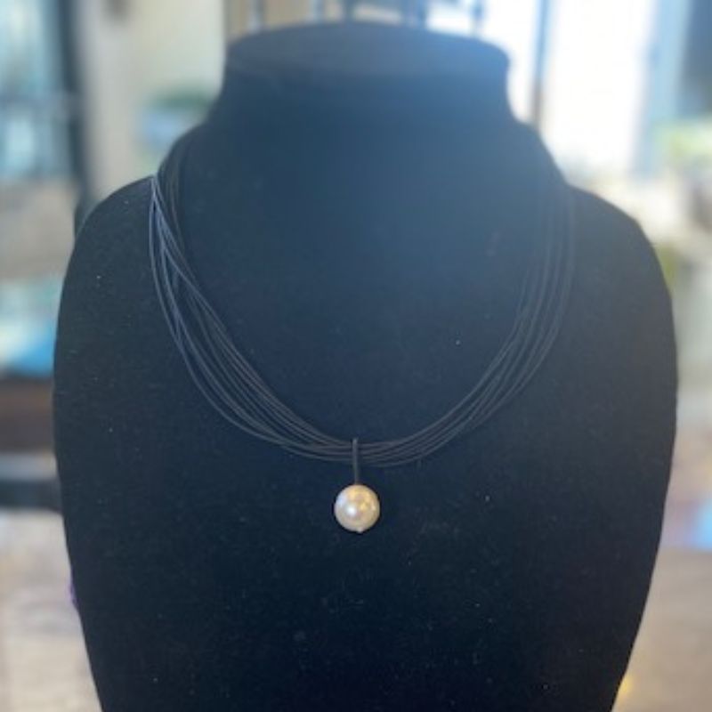 Black Piano Wire Necklace with Single White Pearl