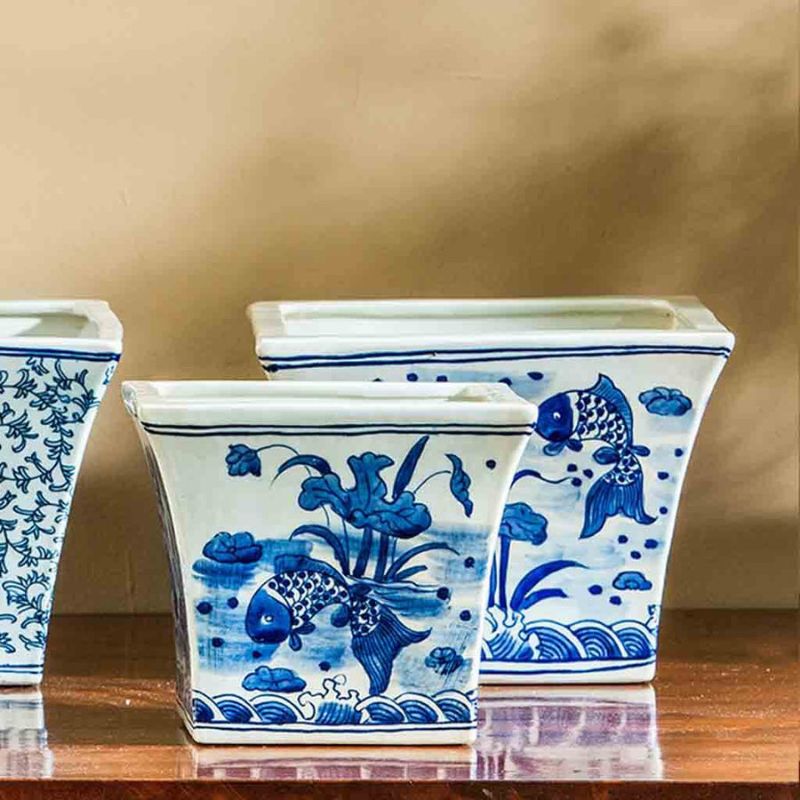 Square Flared Planter - Blue and White Mix