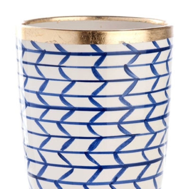 Contempo Geometric Italian Ceramic Vase - Blue White Gold Trim