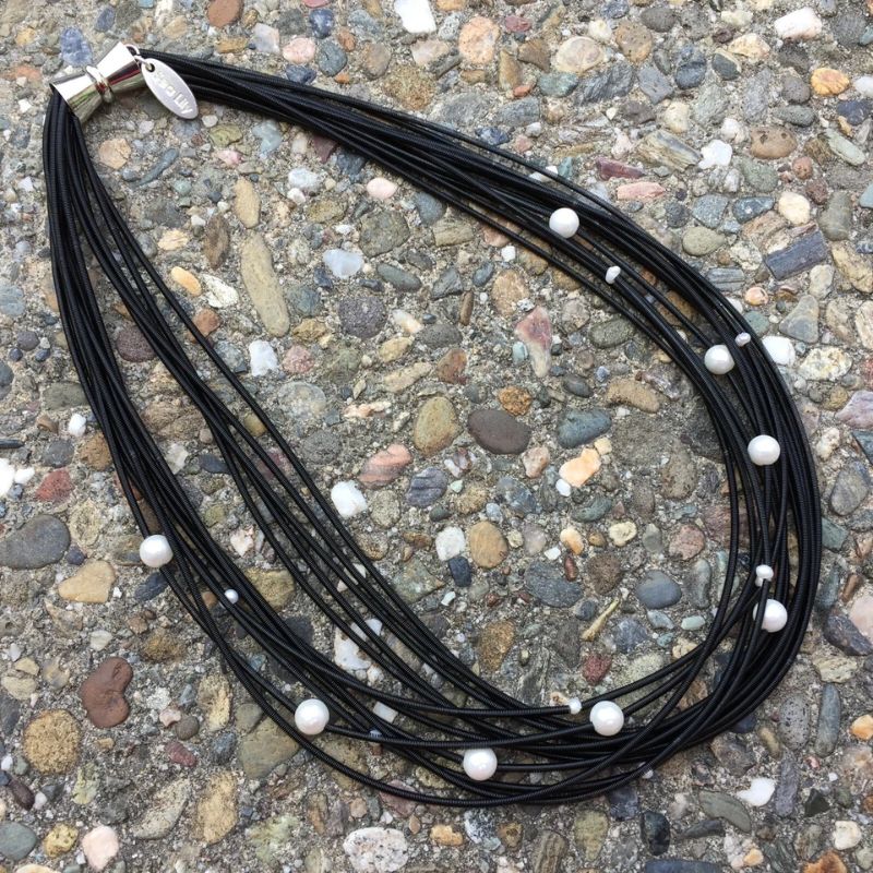 Black Piano Wire Necklace with White Freshwater Pearls