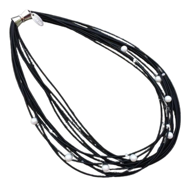 Black Piano Wire Necklace with White Freshwater Pearls