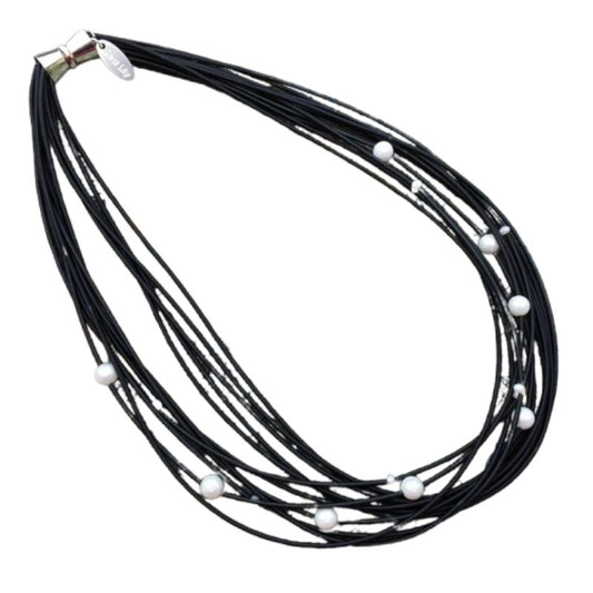 Black Piano Wire Necklace with White Freshwater Pearls