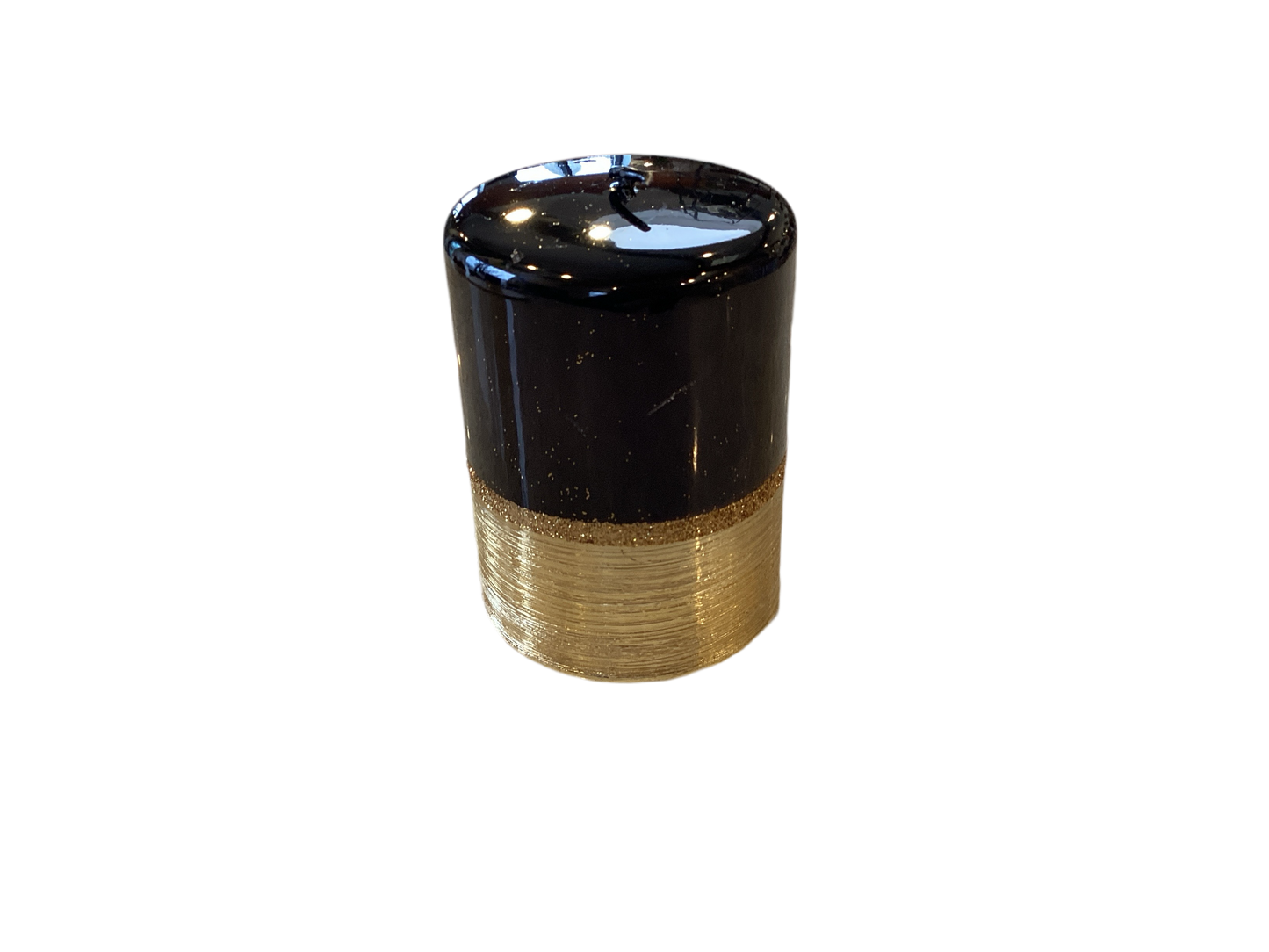 METALLIC PILLAR CANDLE BLACK W/GOLD BRUSHED GLITTER SM